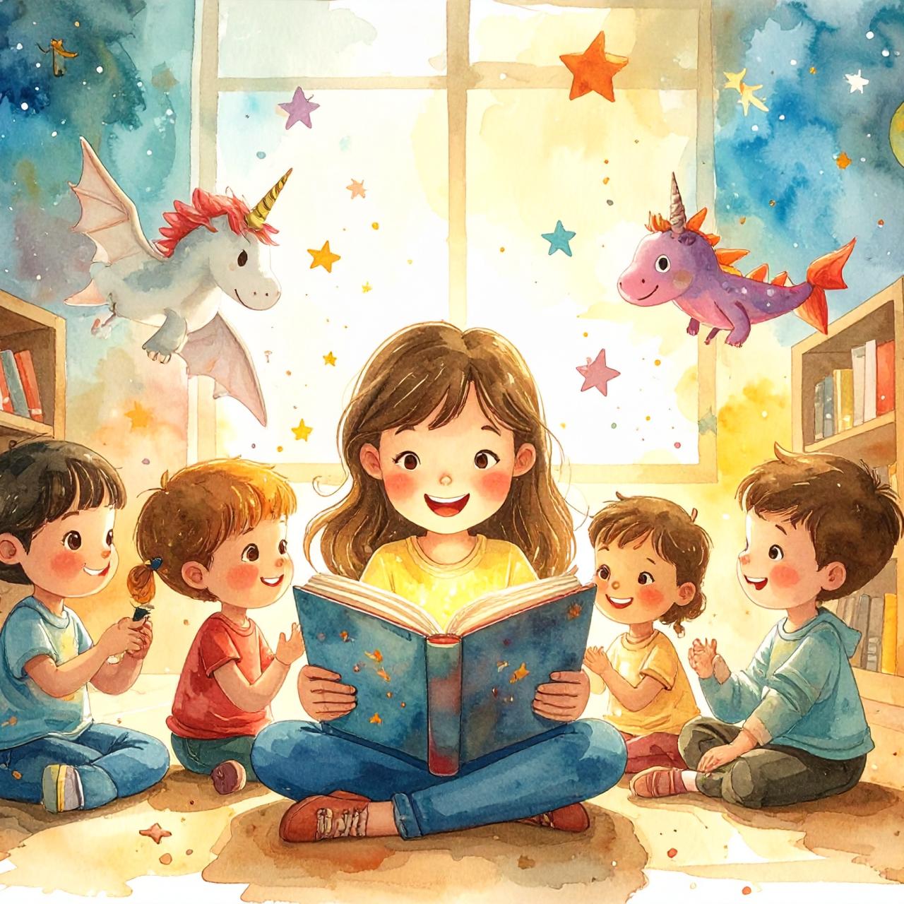 Comicbild einer Frau die mit Kindern auf dem Boden sitzt und ein Buch vorliest